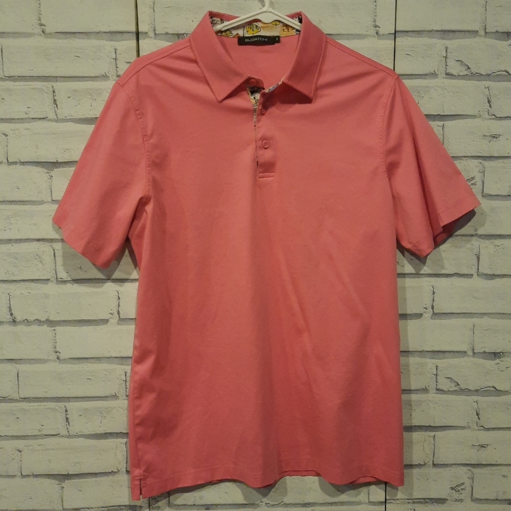 Bugatchi Men's Size M Polo Shirt Pink Short Sleeve Collar Button Front